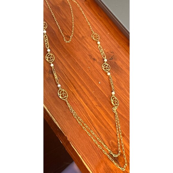 Vintage Gold Tone Avon Necklace Script Initial C Faux Pearl No Clasp Estate 31" - Picture 1 of 4